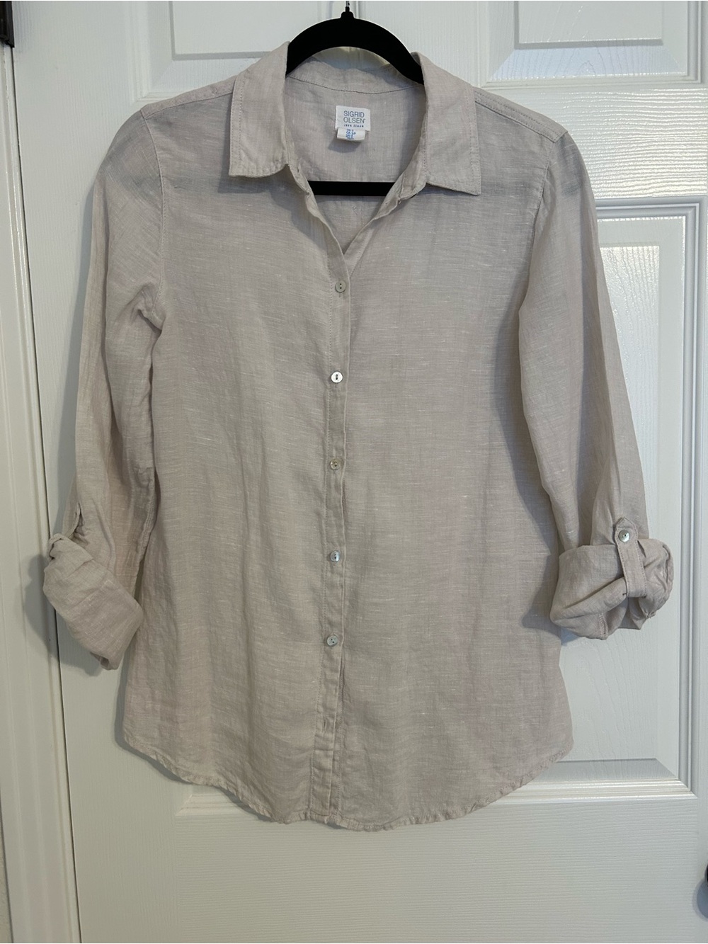 Sigrid Olsen Casual Button-Front Linen Shirt in Light Beige
